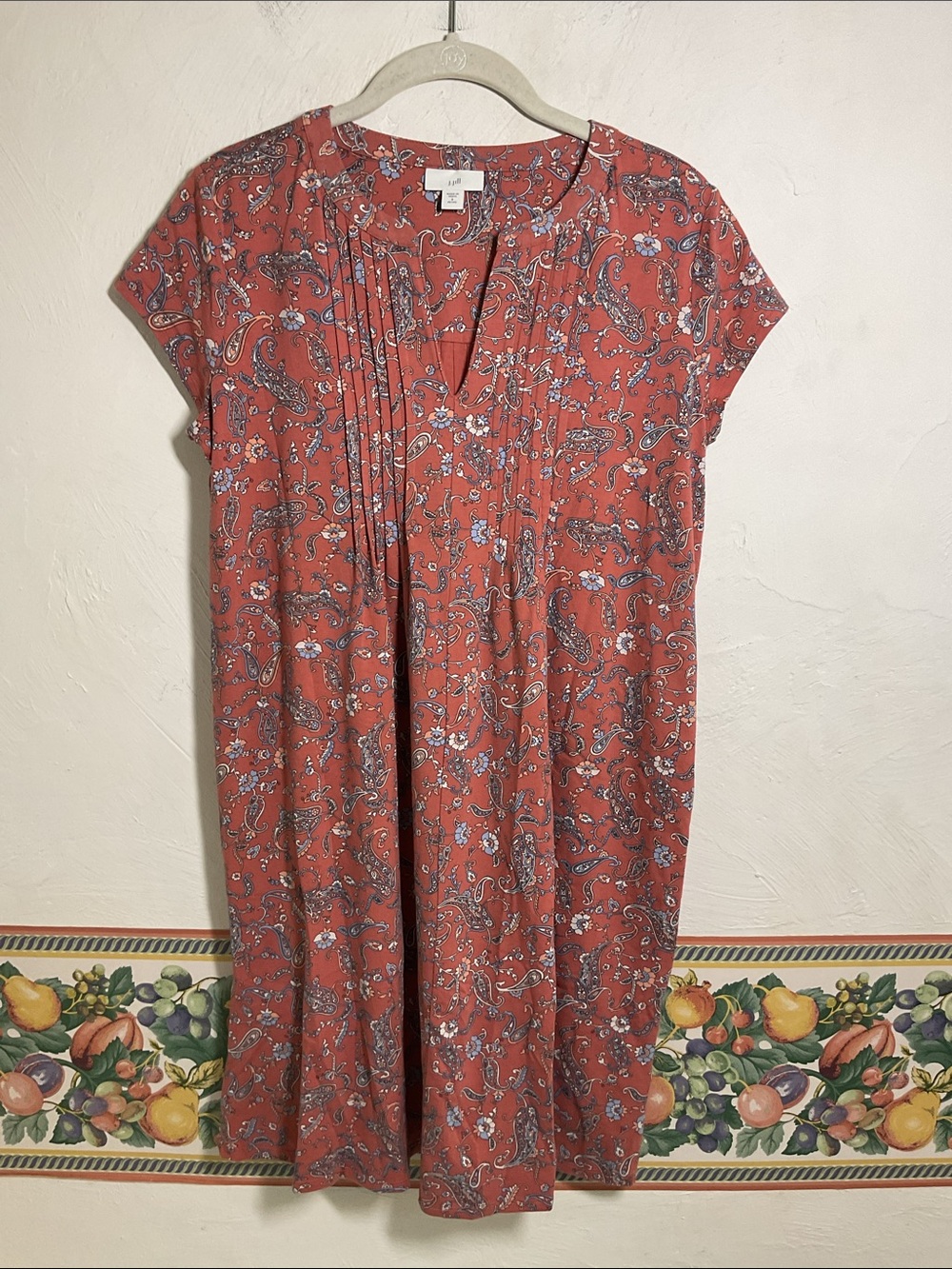 J.Jill Terracotta Paisley Pleated Notch V Neck Knit Dress Pockets Size S Petite